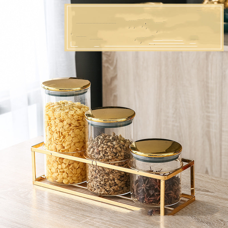 Storage Moisture-proof Kitchen Multi-grain Tea Glass Sealed Jar Three-piece Set With Rack