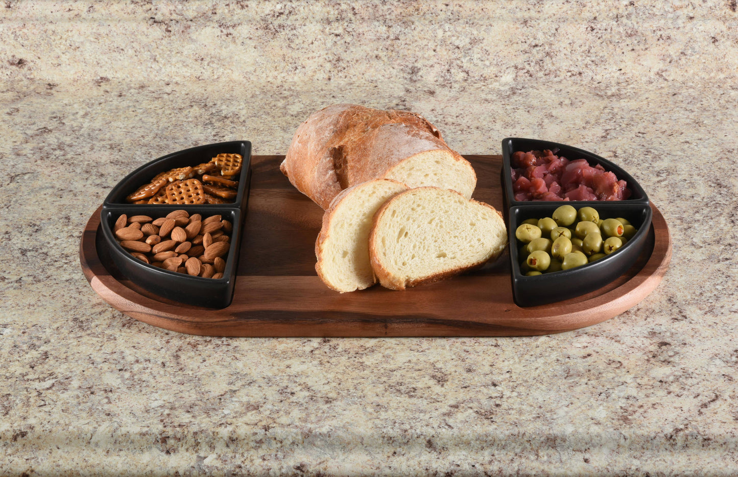 Charcuterie/ Serving Tray w/ 4 Black Ceramic Dishes