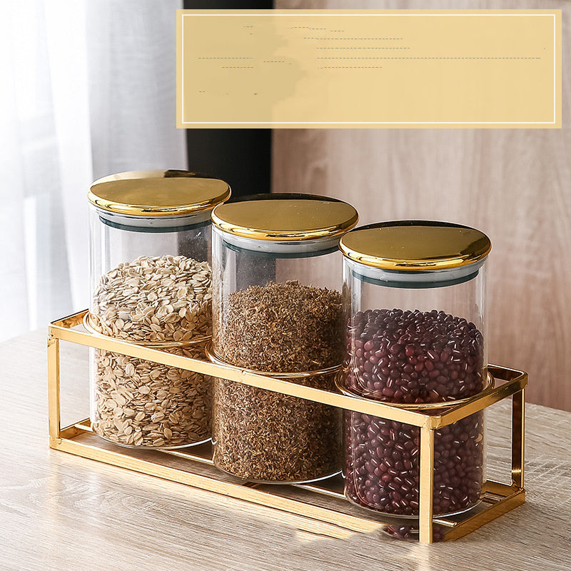 Storage Moisture-proof Kitchen Multi-grain Tea Glass Sealed Jar Three-piece Set With Rack