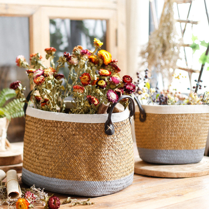 Pastoral Handmade Seagrass Basket Painted Linen Edge Flower Pot PU Handle Braided Basket Rattan Woven Basket Big Laundry Basket