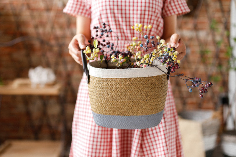 Pastoral Handmade Seagrass Basket Painted Linen Edge Flower Pot PU Handle Braided Basket Rattan Woven Basket Big Laundry Basket