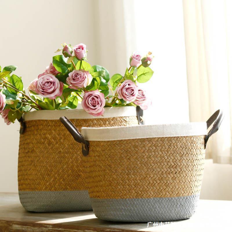 Pastoral Handmade Seagrass Basket Painted Linen Edge Flower Pot PU Handle Braided Basket Rattan Woven Basket Big Laundry Basket