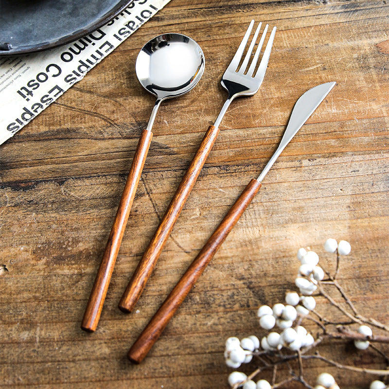 Stainless Steel Western Tableware Retro Rosewood Wooden Handle Knife, Fork And Spoon