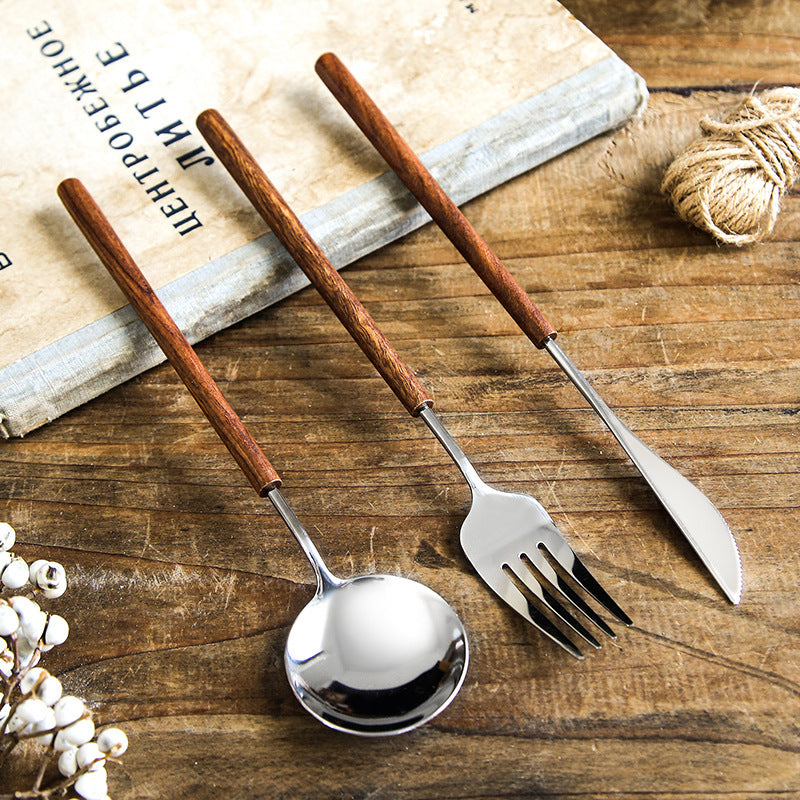 Stainless Steel Western Tableware Retro Rosewood Wooden Handle Knife, Fork And Spoon