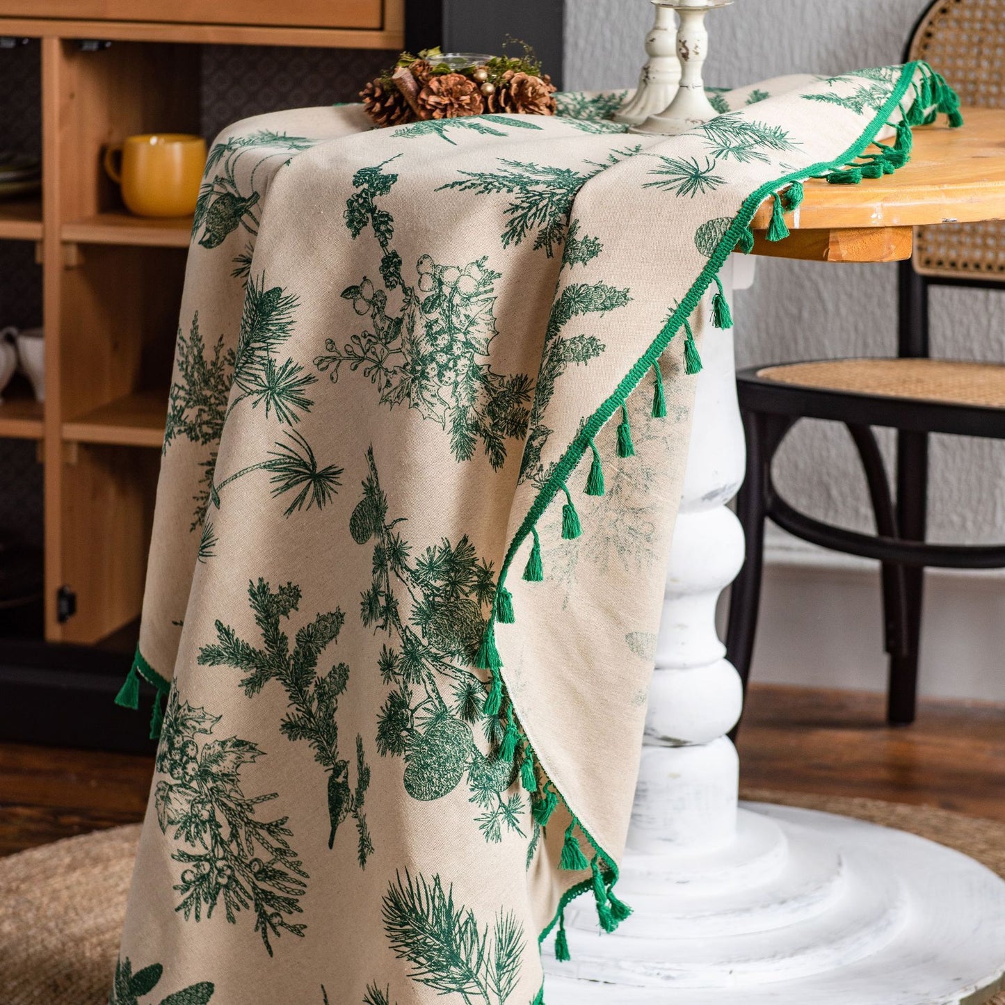 Tablecloth Green Pine Branch Printed Table Cloth Korean Napkin Cotton Linen Printed Coffee Table Cloth