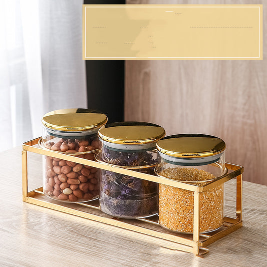 Storage Moisture-proof Kitchen Multi-grain Tea Glass Sealed Jar Three-piece Set With Rack