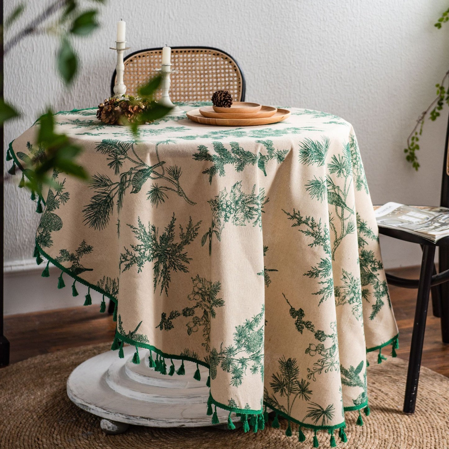 Tablecloth Green Pine Branch Printed Table Cloth Korean Napkin Cotton Linen Printed Coffee Table Cloth