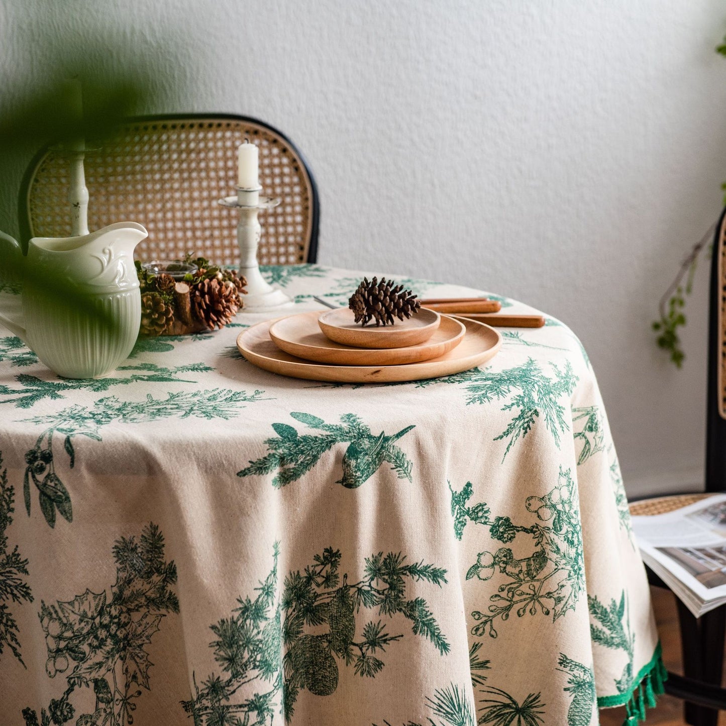 Tablecloth Green Pine Branch Printed Table Cloth Korean Napkin Cotton Linen Printed Coffee Table Cloth