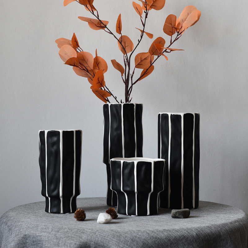 Black And White Striped Ceramic Vase From Northern Europe