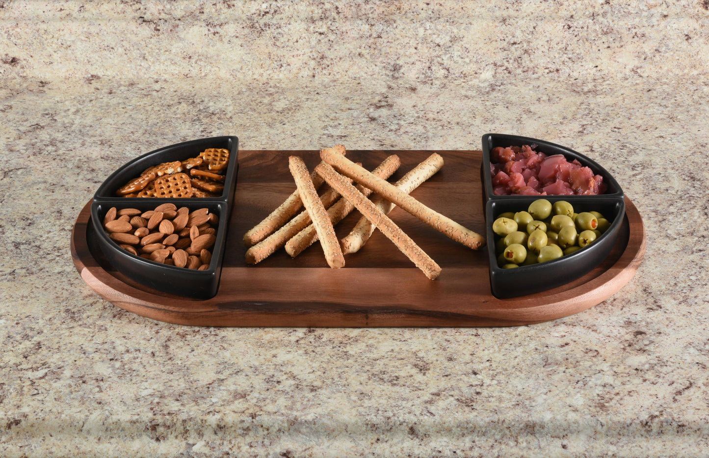 Charcuterie/ Serving Tray w/ 4 Black Ceramic Dishes