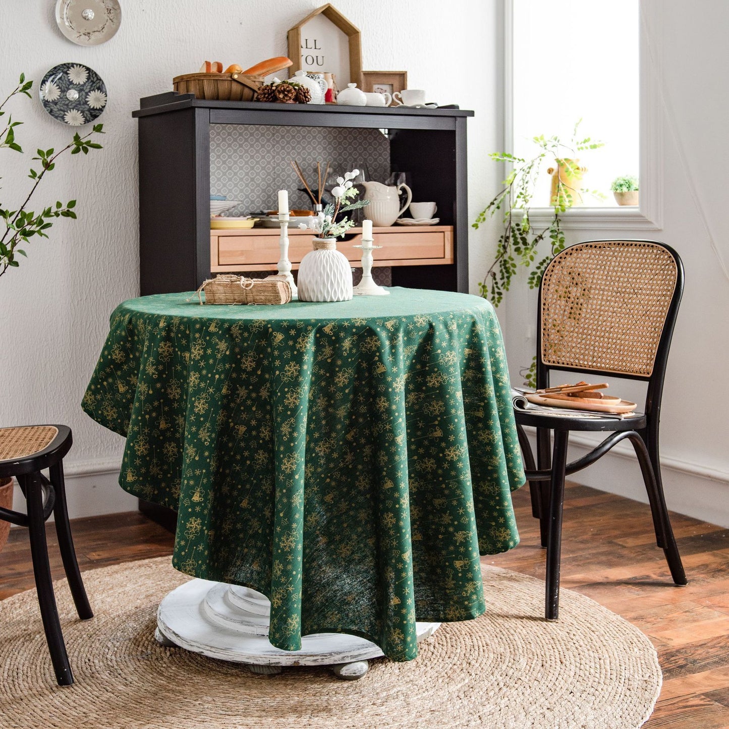 Tablecloth Green Pine Branch Printed Table Cloth Korean Napkin Cotton Linen Printed Coffee Table Cloth