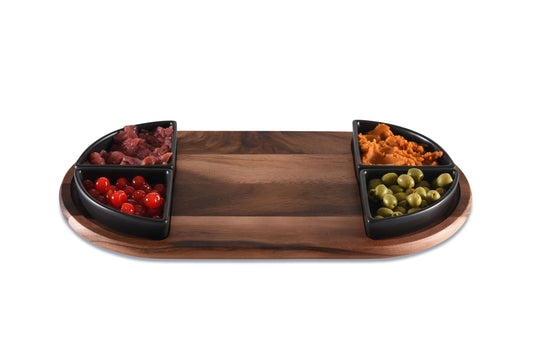 Charcuterie/ Serving Tray w/ 4 Black Ceramic Dishes