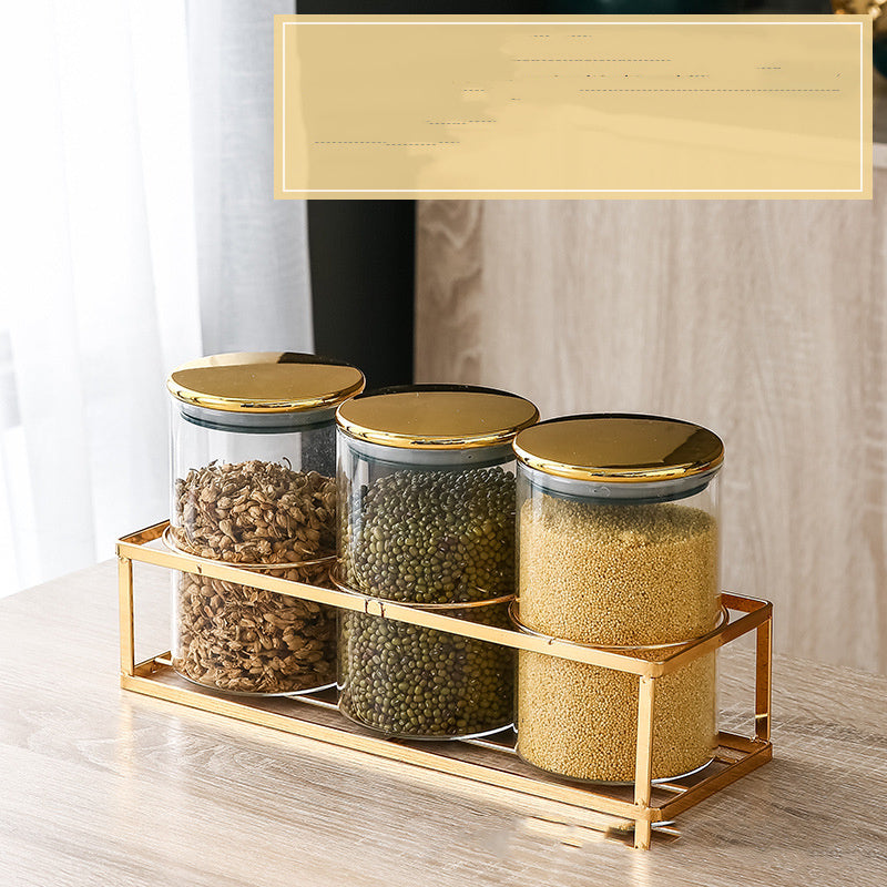 Storage Moisture-proof Kitchen Multi-grain Tea Glass Sealed Jar Three-piece Set With Rack