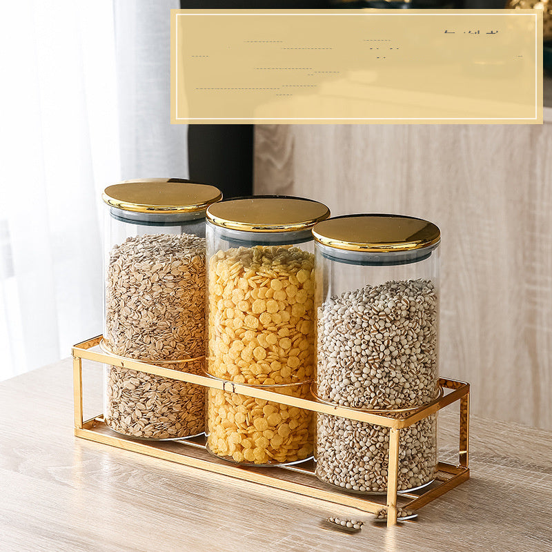 Storage Moisture-proof Kitchen Multi-grain Tea Glass Sealed Jar Three-piece Set With Rack