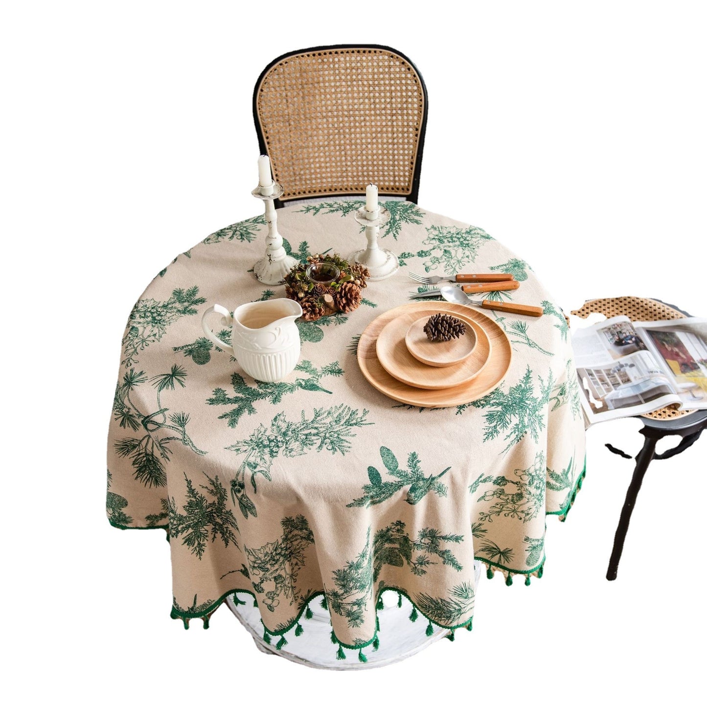 Tablecloth Green Pine Branch Printed Table Cloth Korean Napkin Cotton Linen Printed Coffee Table Cloth