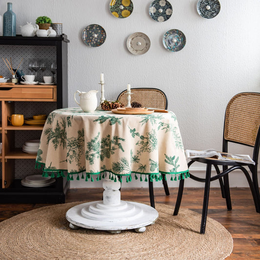 Tablecloth Green Pine Branch Printed Table Cloth Korean Napkin Cotton Linen Printed Coffee Table Cloth