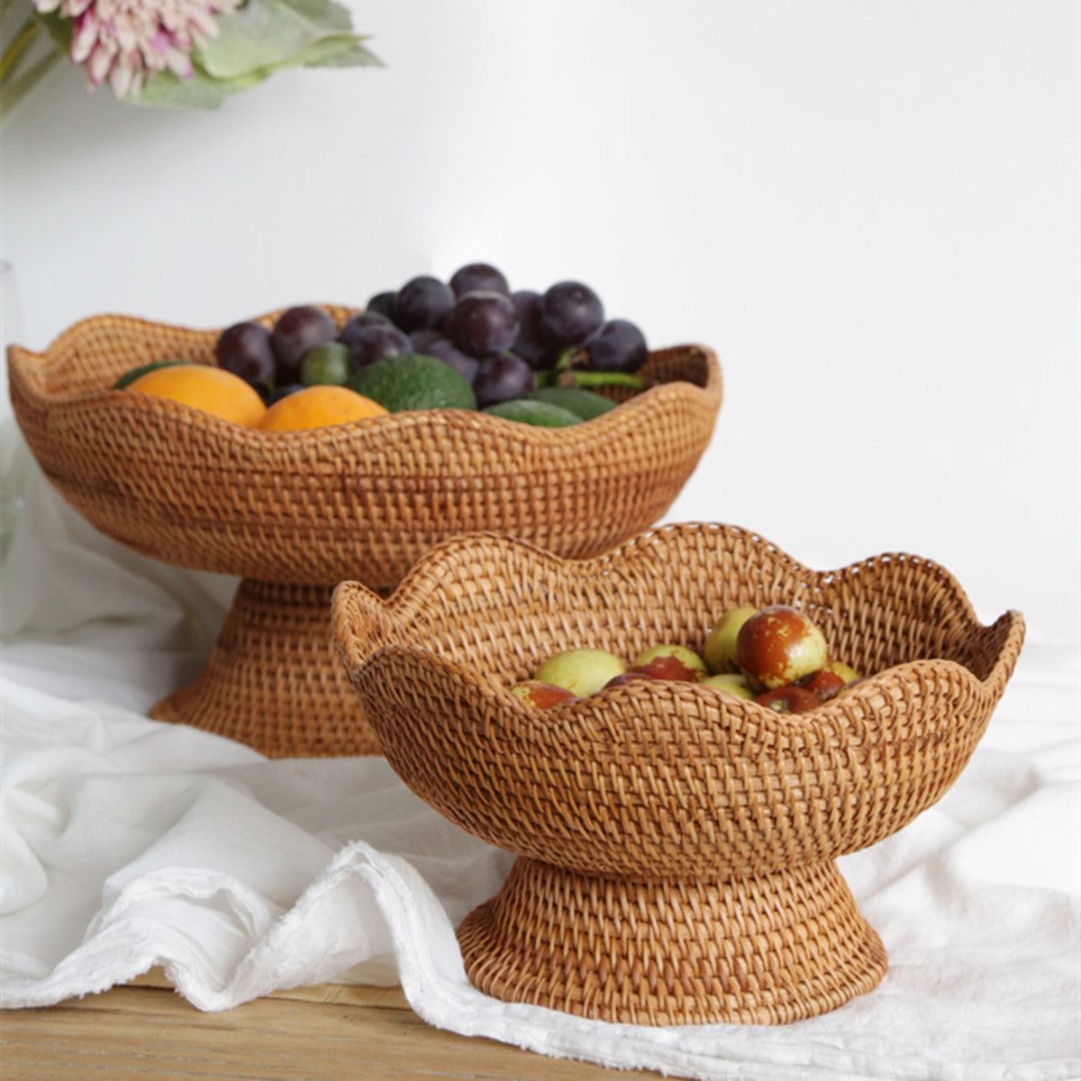 Handmade Rattan Weave High Leg Three-piece Set Fruit Basket