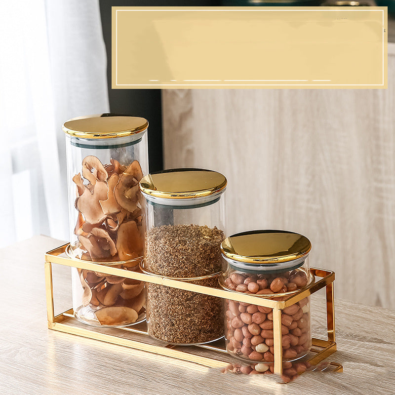 Storage Moisture-proof Kitchen Multi-grain Tea Glass Sealed Jar Three-piece Set With Rack